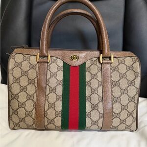 Gucci Brown GG Supreme Boston Bag with Green and Red Stripe